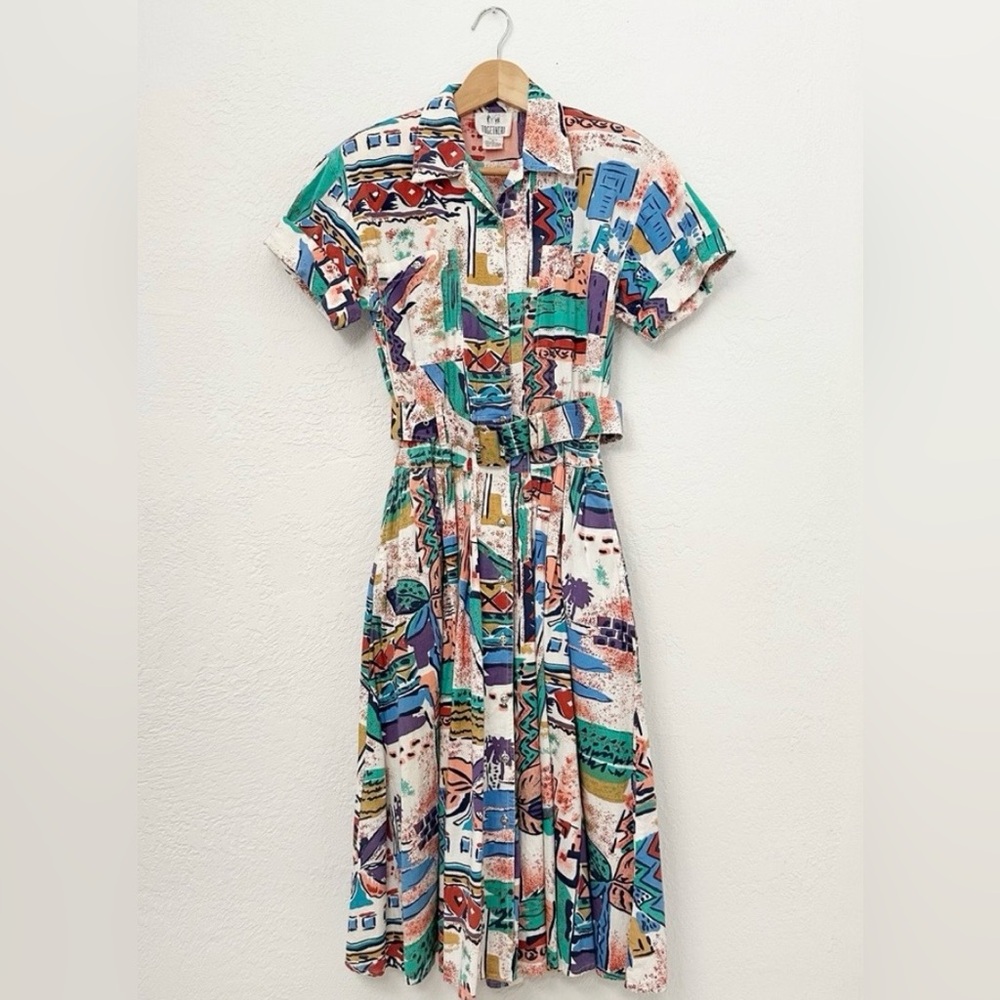 Vintage 80s Does 50s Together! 100% Cotton Fit and Flare Dress - Button Front